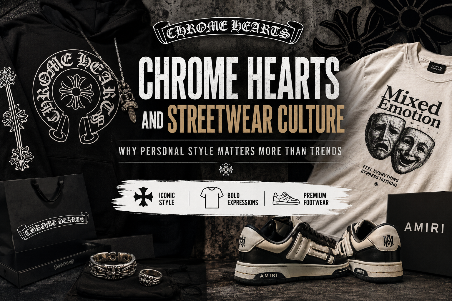 Chrome Hearts inspired streetwear outfit with graphic shirt and luxury sneakers